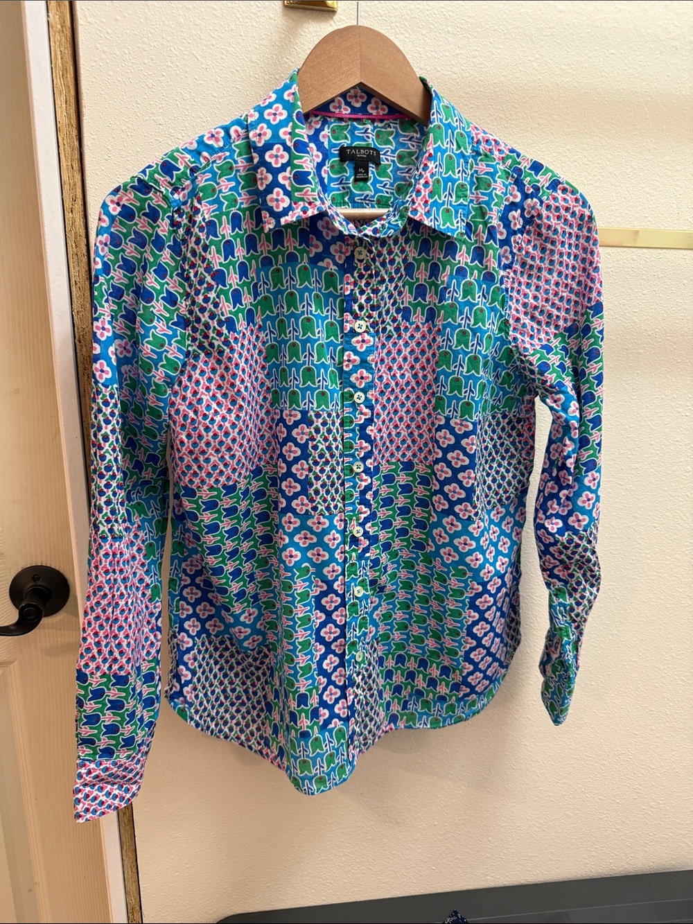Talbots Patchwork-Print Button-Down Shirt in Blue, Green & Pink